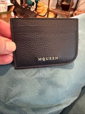 Alexander McQueen Black Pebbled Leather Card Sleeve Gold Logo Burgundy lined